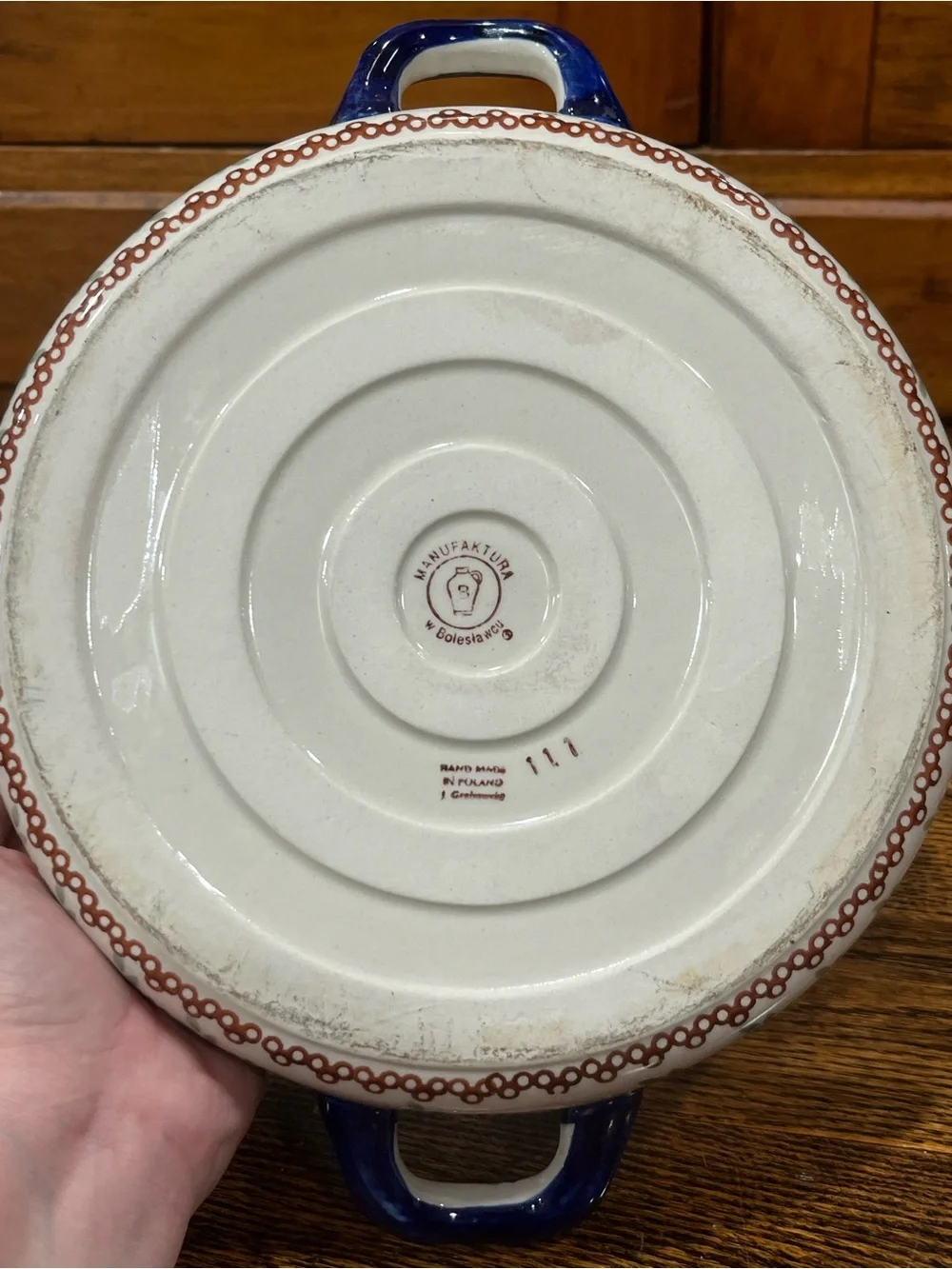 Vintage Polish Pottery Handled Baking Dish / Pie Plate – Floral Blue & White